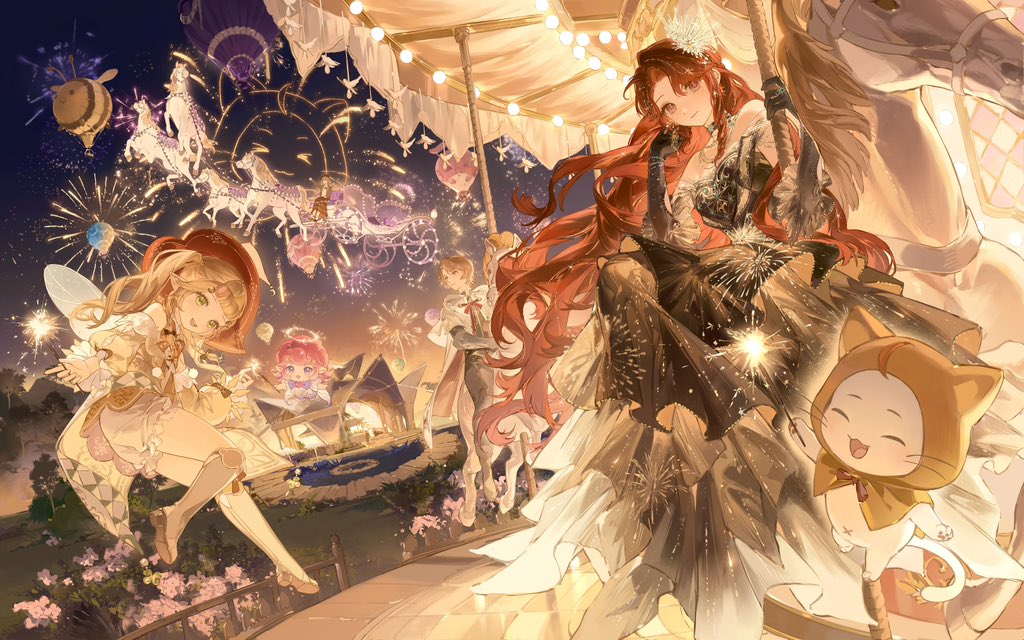 1boy 2girls ^_^ ahoge aircraft animal bangs_pinned_back bare_shoulders black_choker black_dress black_gloves black_pants black_shoes blonde_hair blue_eyes bow bow_legwear bowtie bright_pupils brown_hair carousel carriage cat chinese_commentary choker cloak closed_eyes closed_mouth clothed_animal commentary_request crown dress ear_covers earrings elbow_gloves faewish_sprite fairy fairy_wings fireworks flower flying_animal foodie_bee forehead frilled_gloves frills full_body gloves gold_earrings gown grass green_eyes hand_in_own_hair happy hat holding holding_fireworks hood hood_down hood_up hooded_cloak hooded_robe horse hot_air_balloon house infinity_nikki jewelry kneehighs lamblab0824 long_dress long_hair looking_at_viewer marques_jr._(infinity_nikki) mary_janes medium_dress mini_crown momo_(nikki) multiple_girls necklace nikki_(nikki) nikki_(series) official_art open_mouth outdoors pants pink_eyes pink_pupils pointy_ears purple_flower red_bow red_bowtie red_hair red_hat red_robe riding robe scintillada_(infinity_nikki) shoes short_hair sitting smile socks sparkler stardust_flare_(infinity_nikki) strapless strapless_dress timis_(infinity_nikki) top_hat tree twilight twintails two-sided_robe very_long_hair wavy_hair whiskers white_cat white_crown white_robe white_socks white_wings wings yellow_cloak yellow_dress yellow_shoes