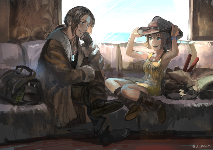 1boy 1girl boots breasts brown_hair closed_mouth cowboy_hat dress final_fantasy final_fantasy_viii flipped_hair gloves green_eyes hat irvine_kinneas jacket jewelry necklace open_mouth overalls sasumata_jirou selphie_tilmitt short_hair skirt sleeveless_duster smile square_enix yellow_overalls yellow_skirt zipper_dress