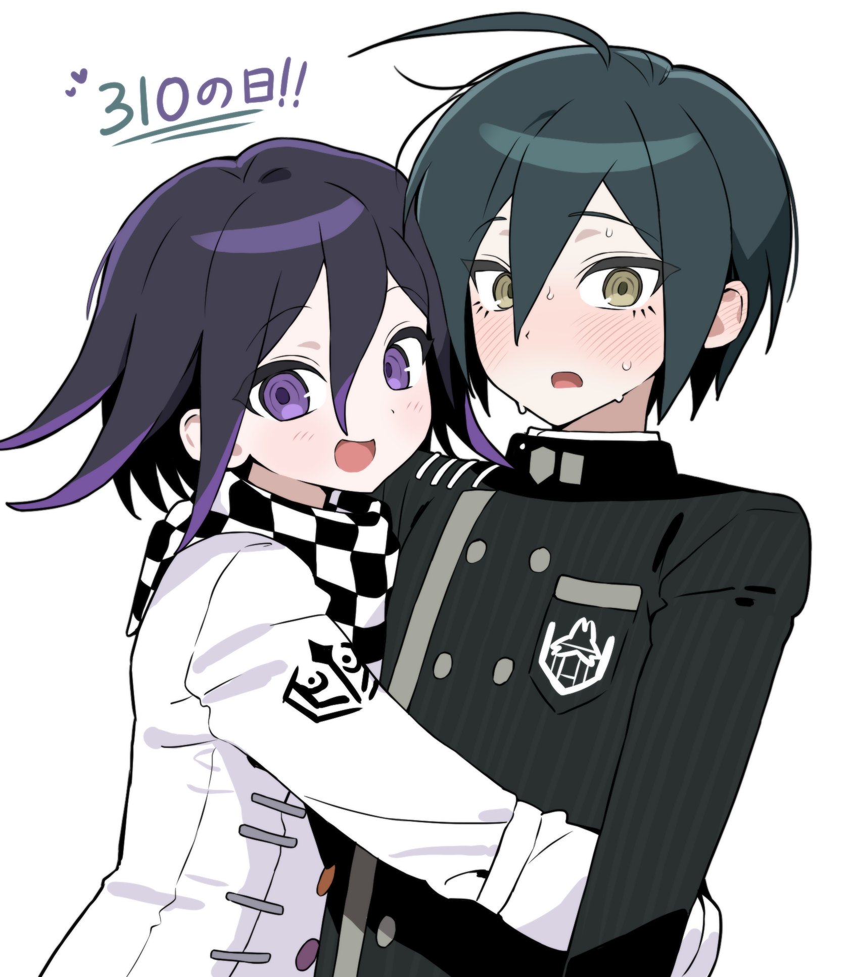 2boys ahoge black_hair blush brown_eyes buttons checkered_clothes checkered_scarf danganronpa_(series) danganronpa_v3:_killing_harmony double-breasted ear_blush eyelashes flipped_hair hair_between_eyes hashtag-only_commentary highres hug jacket kishu11037 long_sleeves looking_at_viewer male_focus medium_hair multiple_boys oma_kokichi open_mouth purple_eyes purple_hair ringed_eyes saihara_shuichi scarf short_hair simple_background striped_clothes striped_jacket sweat two-tone_scarf upper_body yaoi