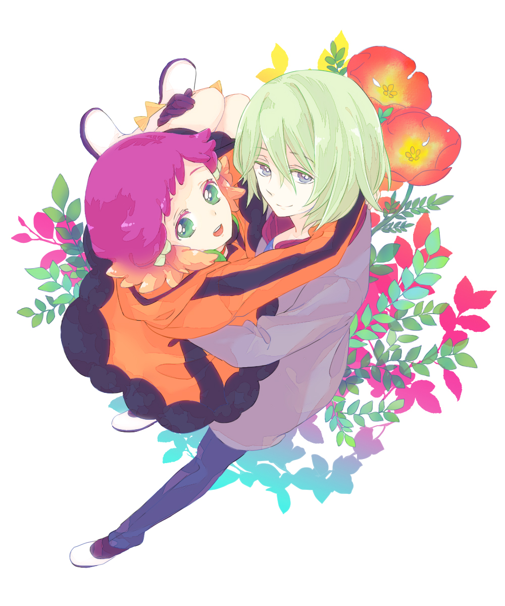 10s 1boy 1girl aquarion_(series) aquarion_evol blonde_hair carrying coat couple dress flower gloves gradient_hair green_eyes hair_ornament hetero highres jin_musou multicolored_hair orange_hair princess_carry purple_eyes purple_hair short_hair smile yonehara yunoha_thrul