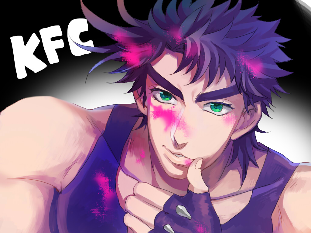 1boy bare_shoulders battle_tendency blue_hair facepaint fingerless_gloves gloves green_eyes jojo_no_kimyou_na_bouken joseph_joestar joseph_joestar_(young) male_focus purple_hair solo sunabu thick_eyebrows wiping_face