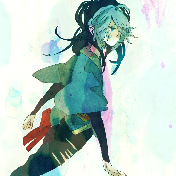 1boy androgynous bad_id bad_pixiv_id blue_eyes chosokabe_motochika chousokabe_motochika_(sengoku_musou) colored_bangs hair_over_one_eye instrument male_focus multicolored_hair sengoku_musou sengoku_musou_2 solo tarako_supa tattoo two-tone_hair