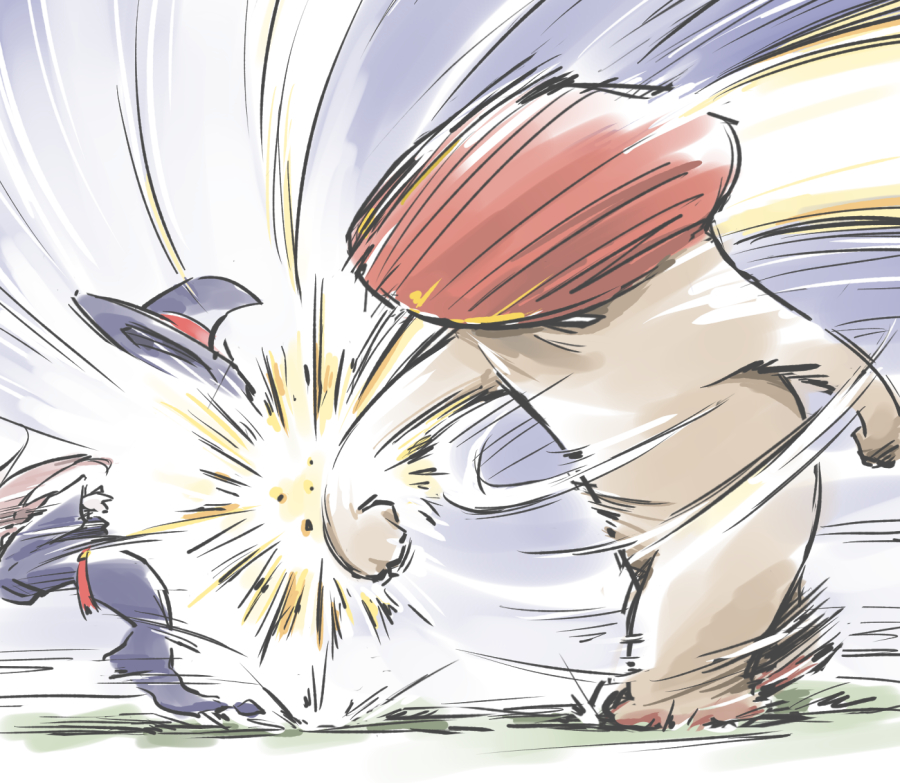 10s 1girl belt brown_hair comic dark_souls_(series) dark_souls_i female_focus hat little_witch_academia long_hair motion_lines mushroom_parent punching robe speed_lines sucy_manbavaran violence witch_hat