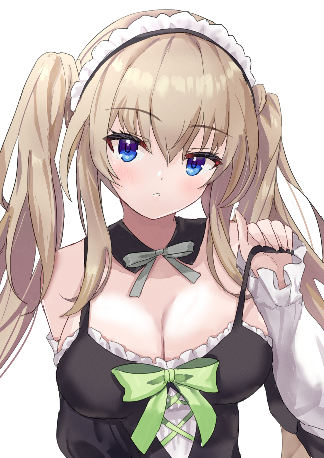 1girl 9-nine- bare_shoulders black_dress blue_eyes blush bow bowtie breasts brown_hair cleavage commentary_request detached_collar detached_sleeves dress dress_bow eyelashes frilled_dress frilled_sleeves frills green_bow grey_bow grey_bowtie hair_between_eyes hand_up highres kujou_miyako large_breasts long_hair long_sleeves looking_at_viewer maid maid_headdress nine_ball_maid_uniform no_eyewear nowa2109 official_alternate_costume official_alternate_hairstyle parted_lips pulling_own_clothes sidelocks simple_background sleeveless sleeveless_dress solo spaghetti_strap strap_pull tsurime twintails upper_body very_long_hair white_background