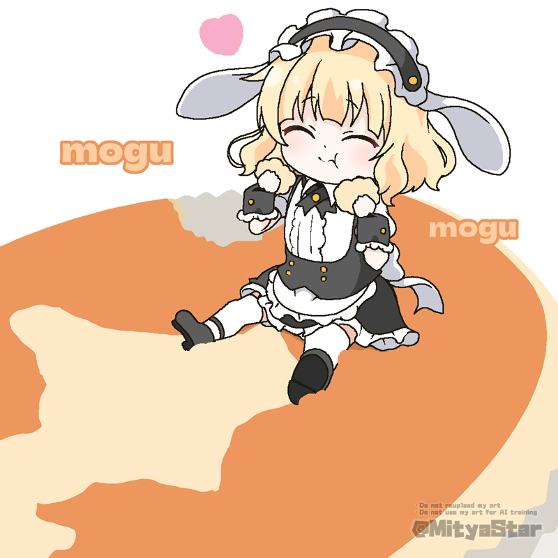 1girl black_dress blonde_hair closed_eyes closed_mouth commentary_request dress gochuumon_wa_usagi_desu_ka? hands_up heart holding kirima_syaro maid maid_headdress medium_hair mitya sitting solo twitter_username wrist_cuffs