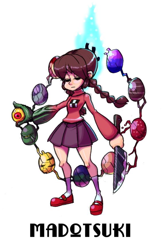 1girl alex_ahad_(style) bad_id bad_pixiv_id blood braid brown_hair character_name closed_eyes egg female_focus knife madotsuki mary_janes official_style parody pink_shirt purple_skirt shioinu_kemushi shirt shoes simple_background skirt skullgirls solo standing style_parody sweater twin_braids twintails weapon white_background yume_nikki
