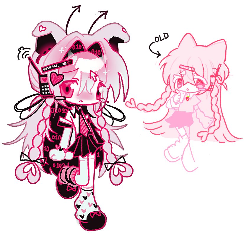 1girl 2000s_(style) animal_ears black_shoes blush bomal1215 braid commentary cursor english_commentary hair_ornament heart heart-shaped_hair heart_hair_ornament long_hair looking_at_viewer loose_socks multiple_views necktie original pink_eyes pink_hair pink_theme school_uniform self-harm_scar serafuku shoes simple_background skirt socks standing standing_on_one_leg twin_braids very_long_hair white_background