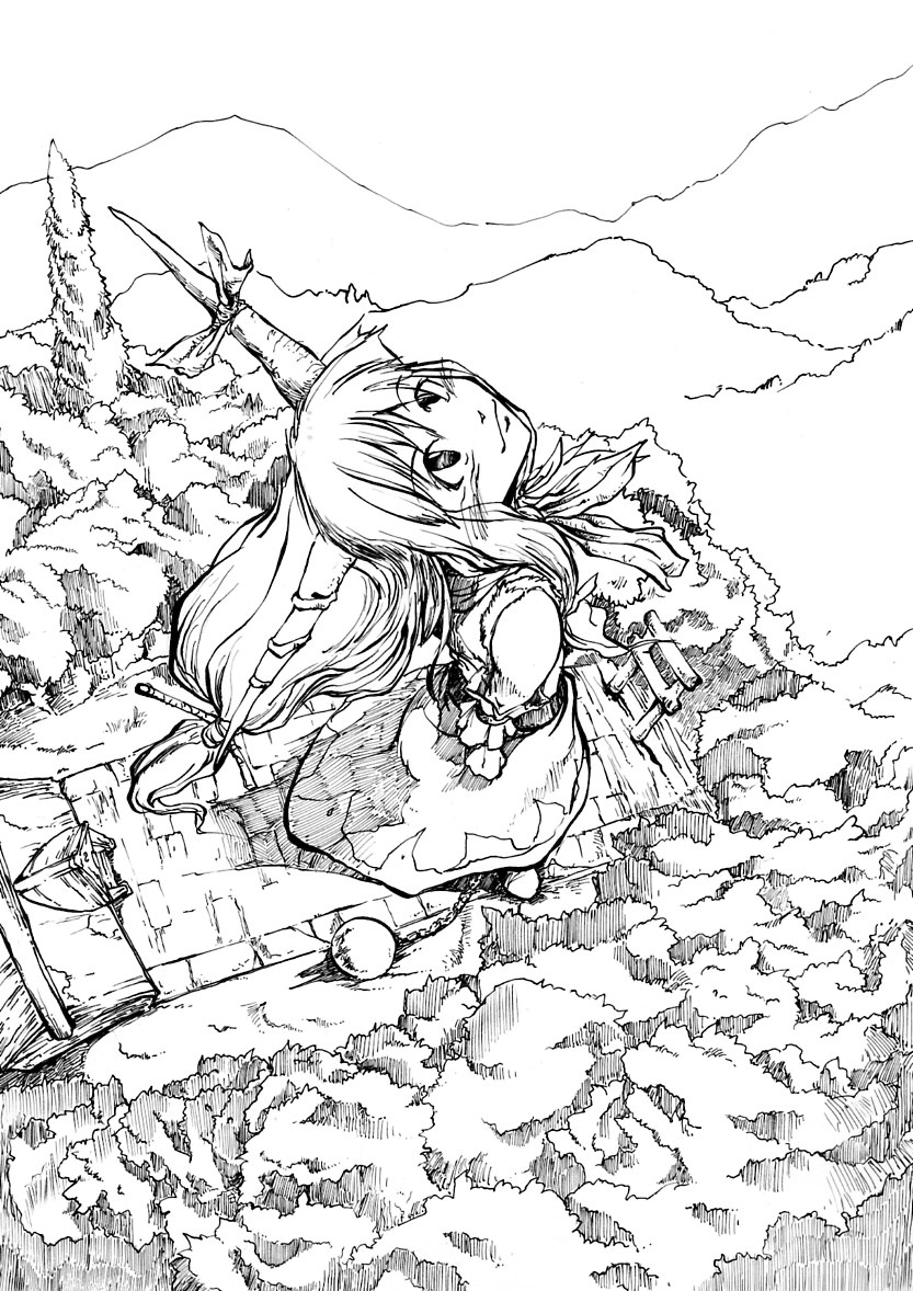 1girl bow chain female_focus forest giant giantess greyscale horns ibuki_suika long_hair monochrome nature outdoors pandemonium solo touhou traditional_media