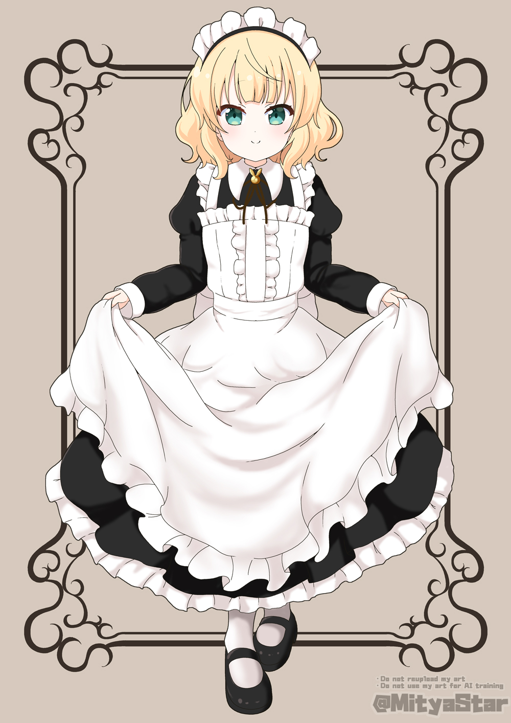 1girl apron black_dress black_shoes blonde_hair center_frills closed_mouth collared_dress commentary_request curtsey dress english_text frilled_dress frills full_body gochuumon_wa_usagi_desu_ka? green_eyes grey_background highres juliet_sleeves kirima_syaro long_sleeves looking_at_viewer maid maid_apron maid_headdress mitya pantyhose puffy_sleeves shoes sleeves_past_wrists smile solo standing twitter_username watermark white_apron white_pantyhose