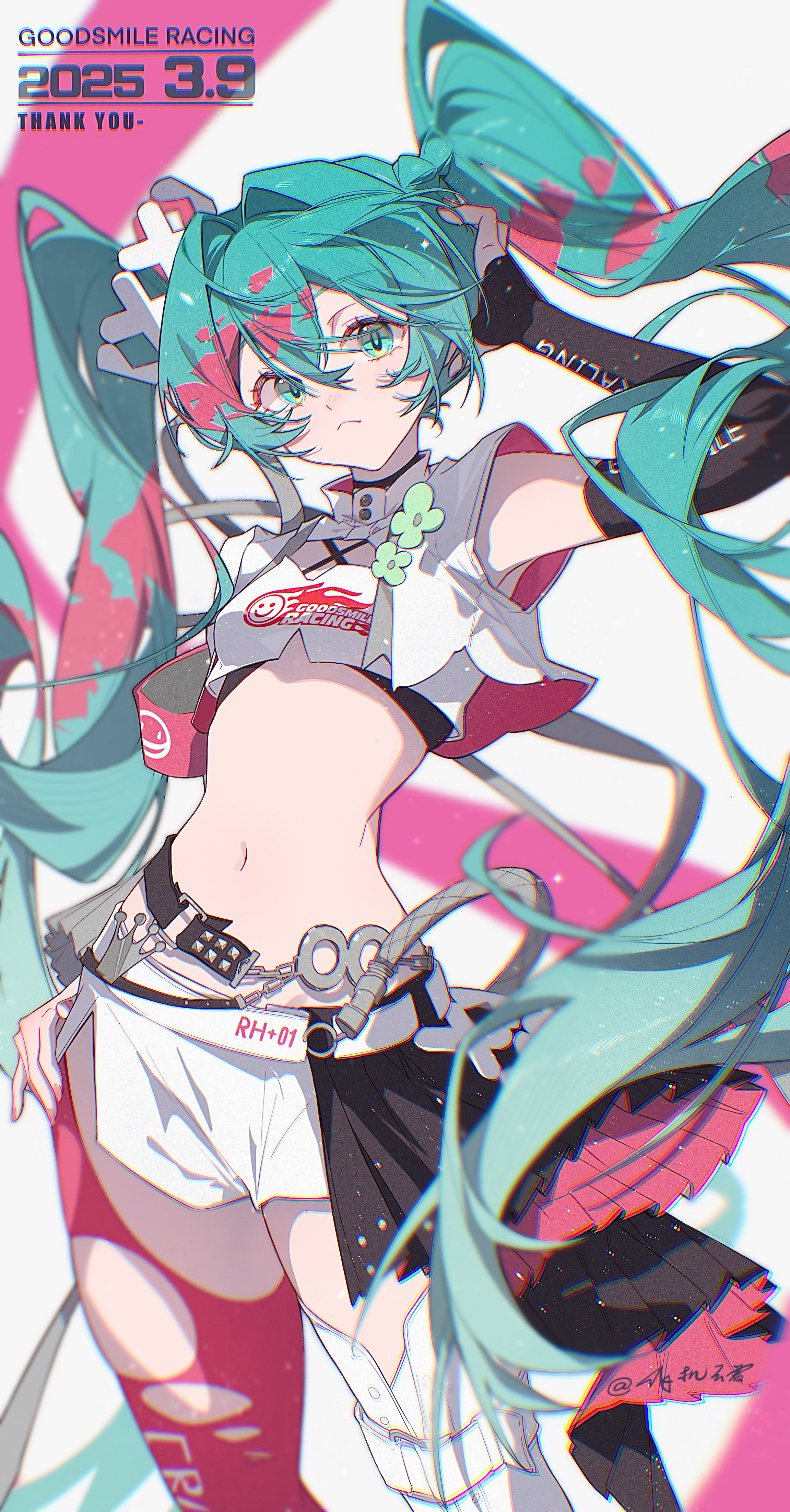 1girl absurdres aqua_eyes aqua_hair artist_name asymmetrical_legwear chromatic_aberration closed_mouth cloudyman commentary cowboy_shot dated goodsmile_racing hand_on_own_hip hatsune_miku highres long_hair midriff mismatched_legwear navel racing_miku racing_miku_(2025) short_shorts shorts solo torn_clothes twintails very_long_hair vocaloid