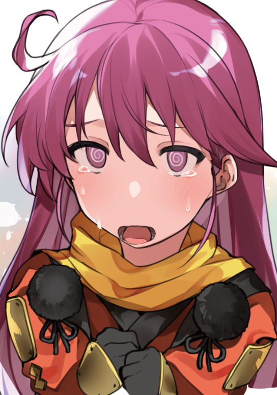 1girl @_@ ahoge armor blush gloves hands_on_own_chest kentou_kanami long_hair open_mouth pink_eyes pink_hair pom_pom_(clothes) rance_(series) shikosour simple_background solo sweat tears wavy_mouth
