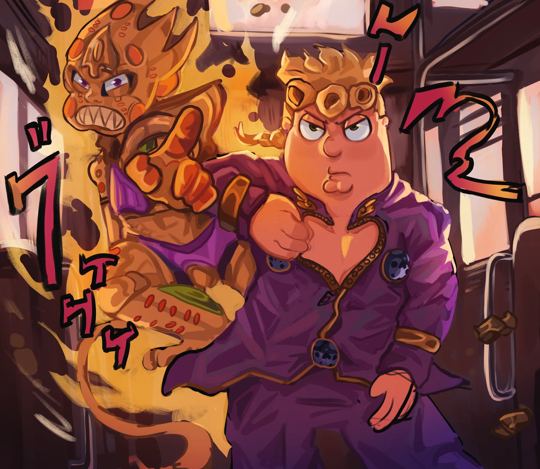blonde_hair chris_griffin cleft_chin closed_mouth cosplay evil_monkey_(family_guy) family_guy giorno_giovanna giorno_giovanna's_pose_(jojo) giorno_giovanna_(cosplay) gold_experience gold_experience_requiem gold_experience_requiem_(cosplay) hair_rings jacket jojo_no_kimyou_na_bouken jojo_pose pants pointing pointing_at_viewer profocey purple_jacket purple_pants sharp_teeth teeth train_interior vento_aureo