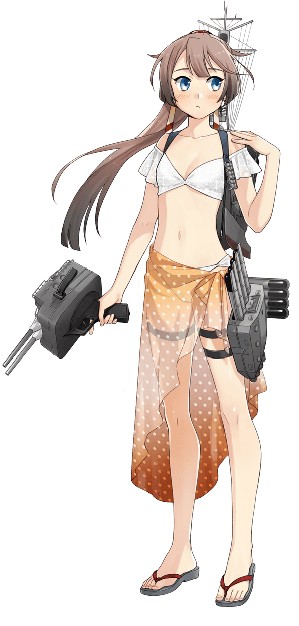 1girl bikini blue_eyes blush brown_hair collarbone flip-flops fujikawa full_body highres kantai_collection kazagumo_(kancolle) kazagumo_kai_ni_(kancolle) kazagumo_kai_ni_(swimsuit)_(kancolle) long_hair machinery navel official_art ponytail rigging sandals sarong see-through_clothes ship_turret solo swimsuit thigh_strap torpedo_tubes transparent_background white_bikini