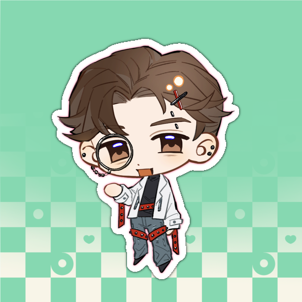 1boy belt black_shirt black_shoes brown_eyes brown_hair chibi chibi_only chinese_commentary commentary_request curtained_hair dianbo635 earrings green_background grey_pants hair_ornament hand_up heart identity_v jacket jewelry lapels long_sleeves male_focus monocle monocle_chain no_sclera notched_lapels open_mouth orpheus_(identity_v) outline pants red_belt shirt shoes short_hair smile solo stud_earrings white_jacket white_outline x_hair_ornament