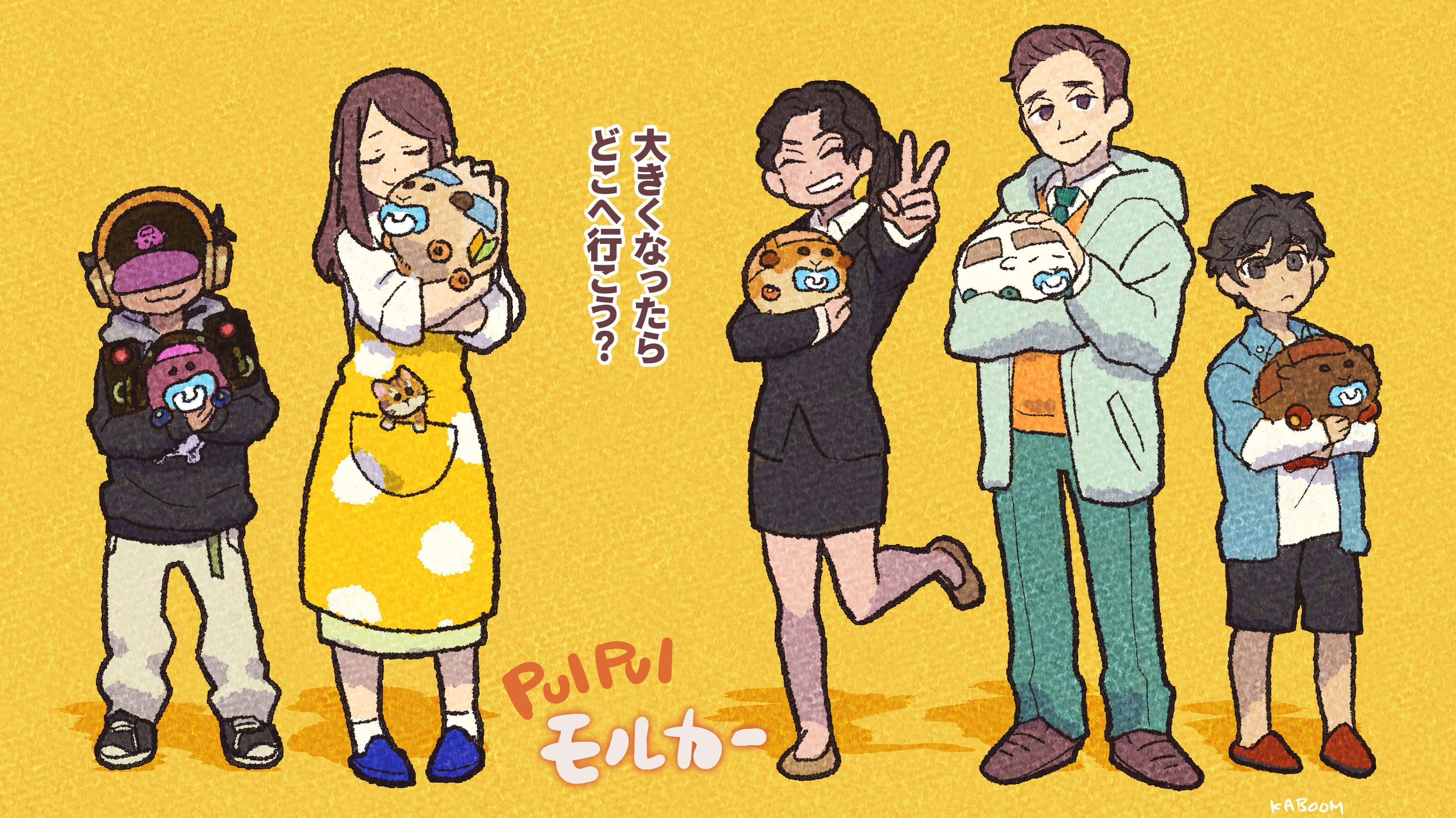 2girls 3boys ^_^ abbey's_driver_(pui_pui_molcar) abbey_(pui_pui_molcar) animal annoying_driver_(pui_pui_molcar) apron baseball_cap black_hoodie blue_jacket brown_eyes brown_hair cat closed_eyes copyright_name dj_molcar closed_eyes green_neckwear grin guinea_pig hat headphones highres holding holding_animal hood hooded_jacket hoodie jacket kab00m_chuck long_hair molcar multiple_boys multiple_girls necktie office_lady pacifier polka_dot polka_dot_apron potato's_driver_(pui_pui_molcar) potato_(pui_pui_molcar) pui_pui_molcar red_footwear shiromo's_driver_(pui_pui_molcar) shiromo_(pui_pui_molcar) shoshinsha_mark simple_background sleeves_rolled_up smile standing standing_on_one_leg sweater teddy's_driver_(pui_pui_molcar) teddy_(pui_pui_molcar) v yellow_background