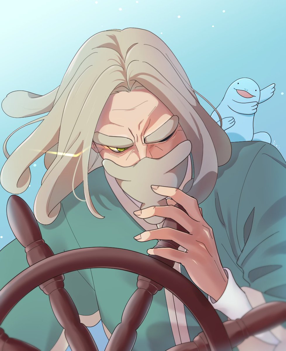 1boy beard blonde_hair commentary_request day eye_trail facial_hair gen_2_pokemon green_eyes green_jacket hand_up highres holding huge_eyebrows jacket light_trail long_beard long_hair long_mustache long_sleeves looking_to_the_side ludlow_(pokemon) male_focus mustache nintendo old old_man one_eye_closed outdoors pokemon pokemon_(anime) pokemon_(creature) pokemon_horizons quagsire rei_hinketsu ship&#039;s_wheel shirt thick_beard thick_mustache upper_body white_shirt wrinkled_skin