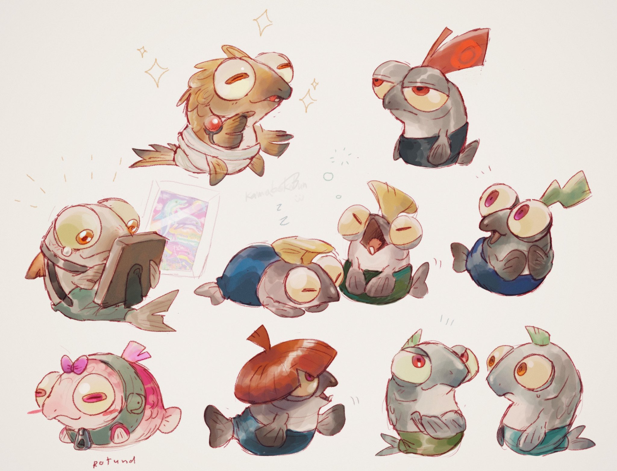 aged_down ahoge animal animal_focus artist_name baby big_shot_(splatoon) blonde_hair blue_pants blunt_bangs blush blush_stickers bow bowl_cut bulging_eyes closed_mouth clothed_animal colored_sclera crossed_arms diaper dolphin drawing_(object) drizzler_(splatoon) english_text eye_contact fish flipper-flopper_(splatoon) from_side full_body gem green_hair green_pants grey_background hair_bow half-closed_eyes happy highres holding holding_drawing horizontal_pupils jewelry kamabokobun lisa_frank_(company) looking_at_another lying maws_(splatoon) nintendo no_humans notice_lines on_stomach open_mouth orange_eyes own_hands_together pants picture_frame pink_bow pink_eyes pink_hair pouch profile red_eyes red_gemstone red_hair ring salmon_run_(splatoon) scrapper_(splatoon) short_hair signature simple_background single_tooth sketch slammin'_lid_(splatoon) sleeping smallfry_(splatoon) smile sparkle splatoon_(series) steel_eel_(splatoon) steelhead_(splatoon) stinger_(splatoon) sweat tears teeth wide-eyed yawning yellow_sclera zipper_pull_tab zzz