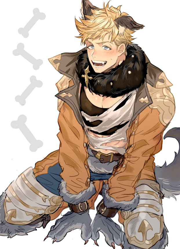 1boy 5_(femfamme) animal_ears bara black_tank_top blonde_hair blue_pants blush cropped_jacket fur_collar granblue_fantasy jacket large_pectorals male_focus muscular muscular_male official_alternate_costume open_clothes open_jacket open_mouth orange_jacket pants pectorals shirt short_hair smile solo tank_top torn_clothes torn_shirt vane_(granblue_fantasy) white_shirt wolf_boy wolf_ears wolf_paws