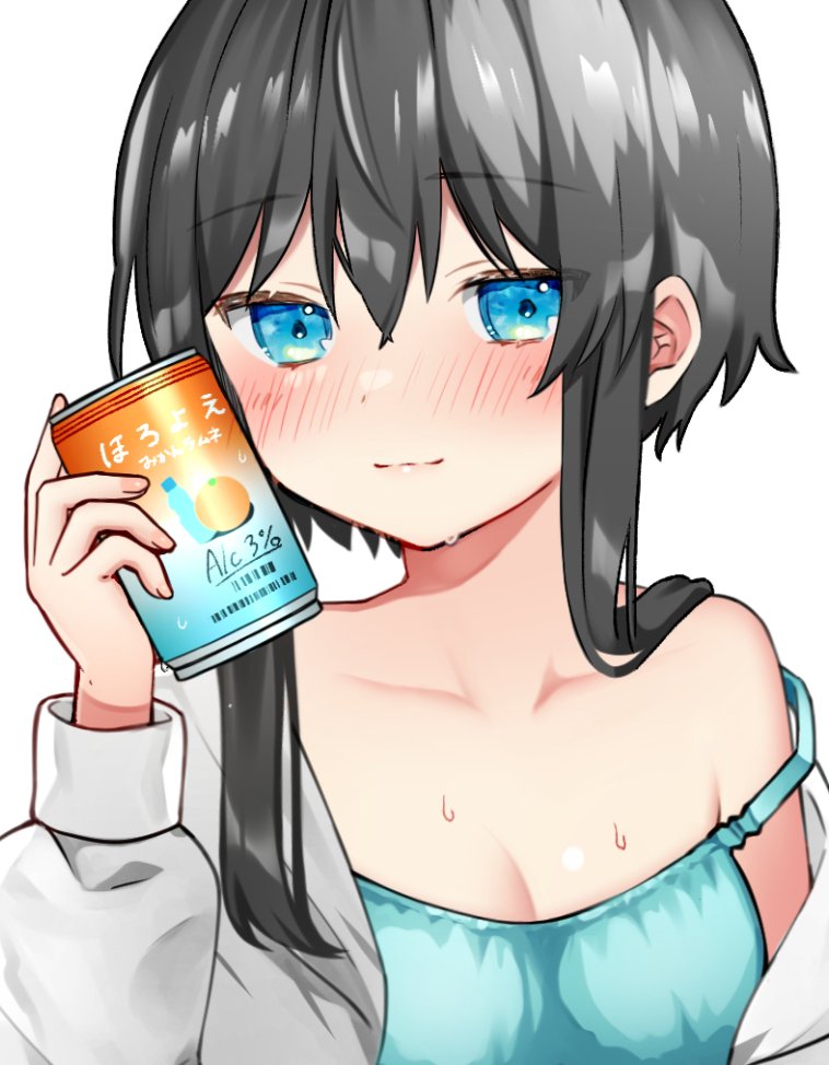 1girl bare_shoulders black_hair blue_camisole blue_eyes blush breasts camisole can cleavage closed_mouth collarbone commentary_request hair_between_eyes hand_up holding holding_can indie_virtual_youtuber jacket kurata_rine kurata_rine_(vtuber) long_hair long_sleeves looking_at_viewer off_shoulder open_clothes open_jacket puffy_long_sleeves puffy_sleeves simple_background small_breasts smile solo strap_slip upper_body virtual_youtuber white_background white_jacket