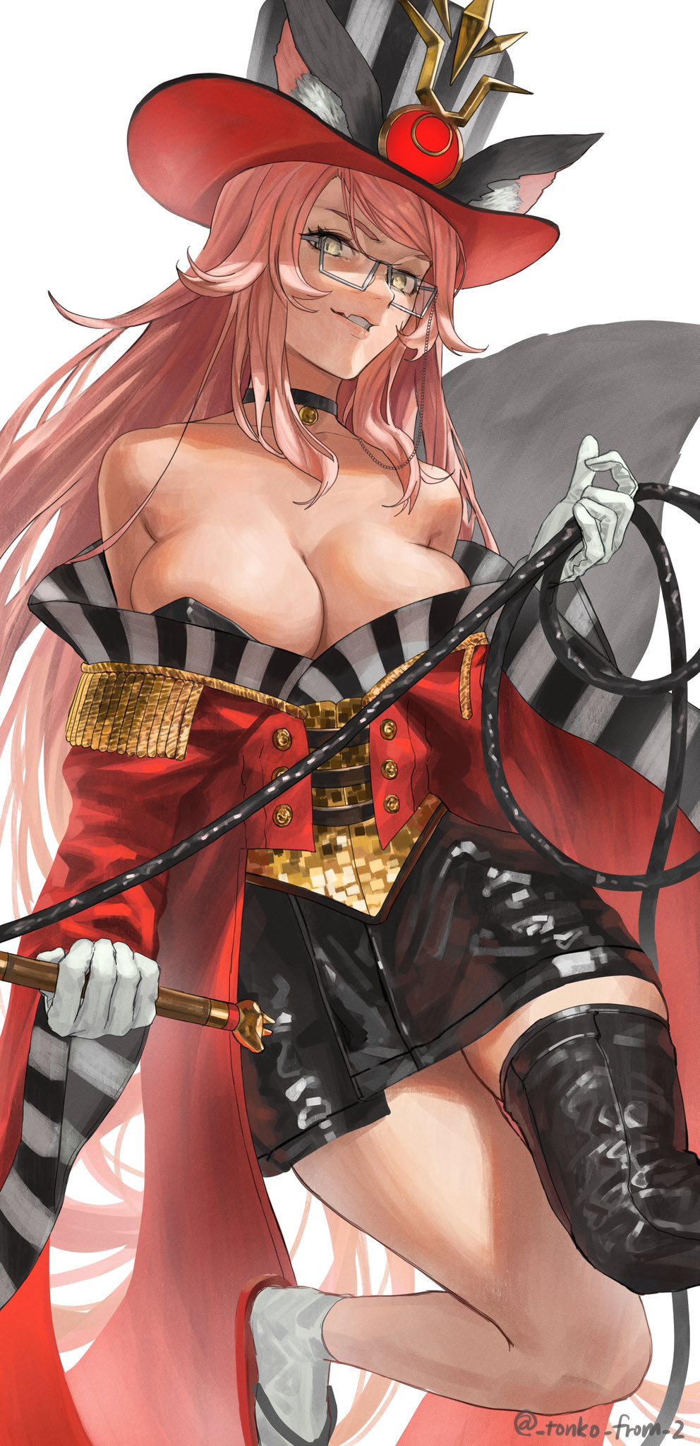 1girl animal_ear_fluff animal_ears bare_shoulders black_hat black_skirt black_thighhighs breasts choker cleavage coat collarbone epaulettes fate/grand_order fate_(series) fox_ears fox_girl fox_tail glasses grin hair_between_eyes hat highres koyanskaya_(fate) koyanskaya_(foreigner)_(second_ascension)_(fate) large_breasts long_hair long_sleeves looking_at_viewer off_shoulder pencil_skirt pink_hair red_coat sidelocks single_thighhigh skirt smile solo tail tamamo_(fate) thighhighs thighs tonko_from top_hat whip wide_sleeves yellow_eyes