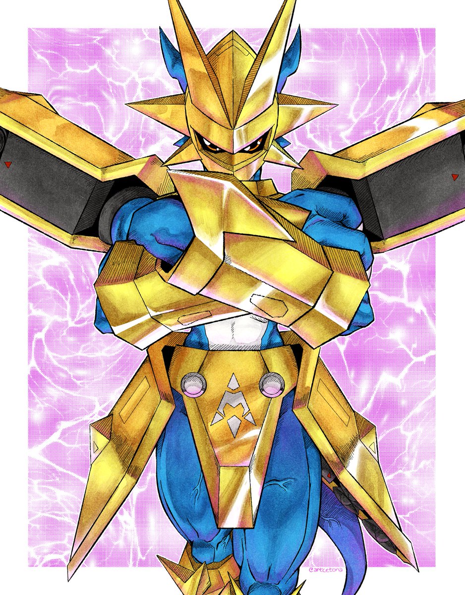 armor artcetona blue_skin border colored_skin cowboy_shot digimon digimon_(creature) dragon gold_armor gold_helmet highres magnamon purple_background red_eyes white_border