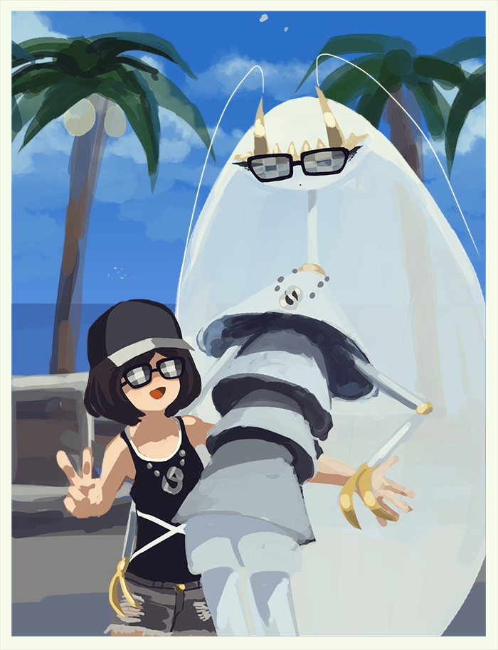 1girl :d alolan_exeggutor alolan_form antennae bad_id bad_pixiv_id baseball_cap black_hair black_hat black_shirt bug cloud cockroach cosplay day gen_7_pokemon hat insect jewelry legendary_pokemon necklace nintendo open_mouth outdoors palm_tree pheromosa pleo pokemon pokemon_sm selene_(pokemon) shirt short_hair smile sunglasses tank_top team_skull team_skull_(cosplay) team_skull_grunt team_skull_grunt_(cosplay) tiara tree ultra_beast v