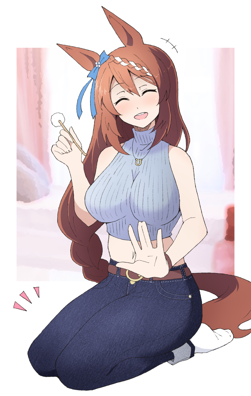 1girl alternate_costume bare_shoulders blue_bow blurry blurry_background border bow bracer braid braided_ponytail breasts brown_hair closed_eyes commentary_request cropped_sweater denim ear_bow full_body grey_sweater hair_between_eyes highres jeans jewelry large_breasts mimikaki multicolored_hair navel necklace nel-c no_shoes open_mouth outside_border pants seiza sitting sleeveless sleeveless_turtleneck smile socks solo stomach streaked_hair super_creek_(umamusume) sweater teeth turtleneck umamusume upper_teeth_only white_border white_hair white_socks