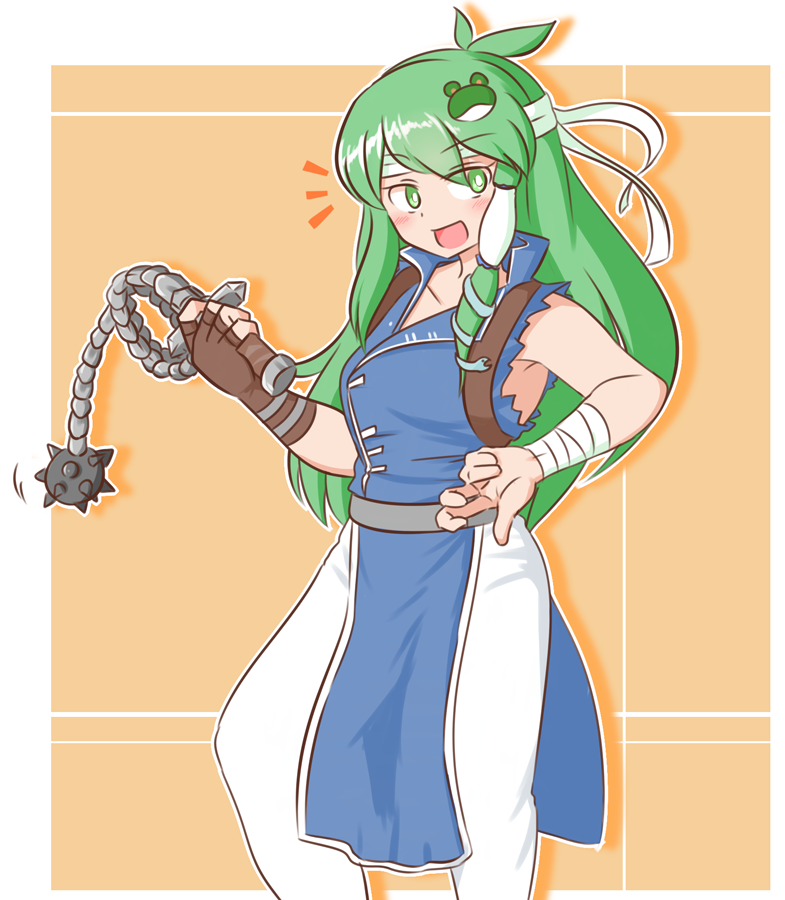 antenna_hair brown_gloves castlevania_(series) commentary_request commission cosplay fingerless_gloves frog_hair_ornament gloves green_eyes green_hair hair_ornament holding holding_weapon kochiya_sanae long_hair looking_at_viewer mace mizusoba open_mouth orange_background richter_belmont richter_belmont_(cosplay) single_glove skeb_commission snake_hair_ornament spiked_mace spikes touhou weapon