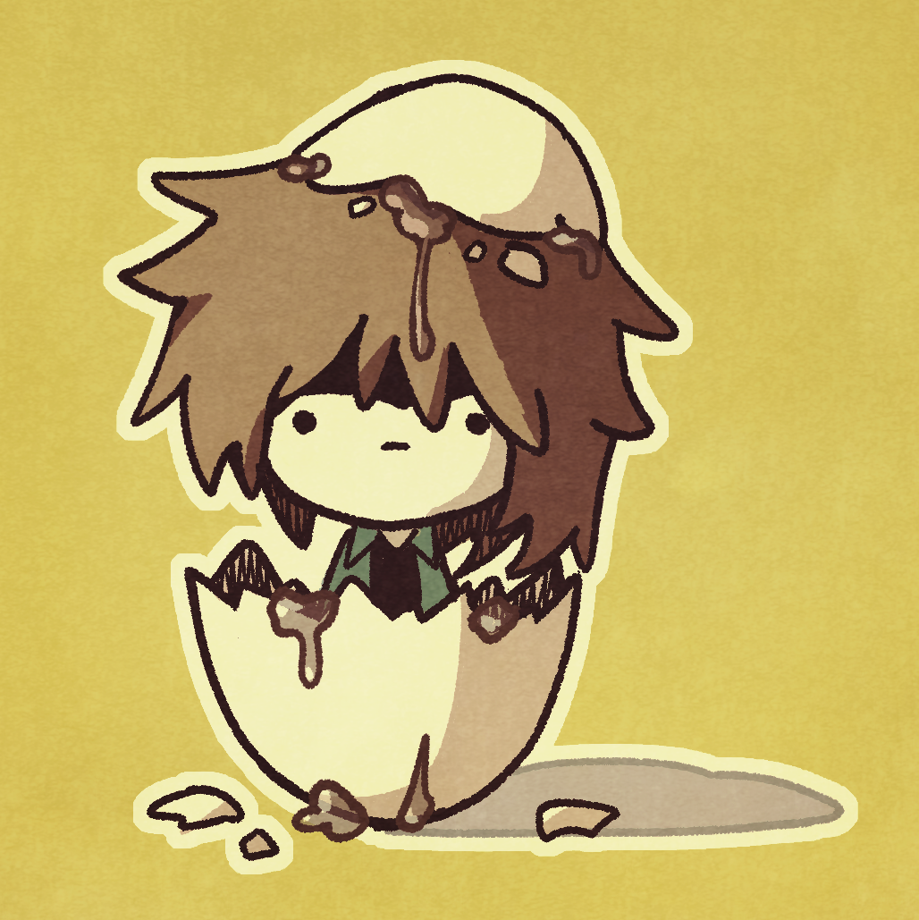 1other androgynous atoymk black_headband black_shirt brown_hair chibi chibi_only closed_mouth eggshell expressionless green_jacket headband jacket kurohebi len&#039;en medium_hair open_clothes open_jacket other_focus outline shirt simple_background solo white_outline yellow_background