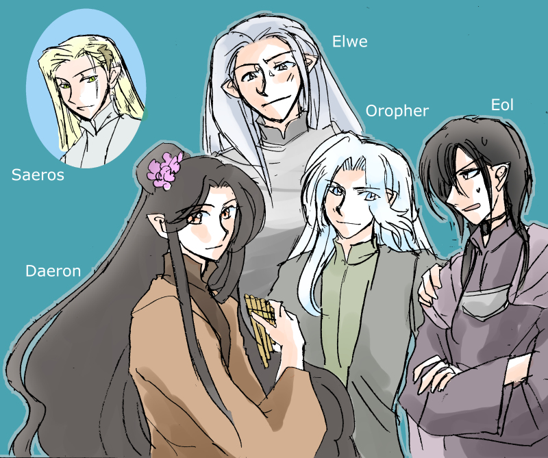 black_hair blonde_hair character_name closed_mouth crossed_arms daeron elf eol flower flute hair_flower hair_ornament hand_on_another&#039;s_shoulder instrument long_hair looking_at_another looking_at_viewer merethion open_mouth oropher pointy_ears robe saeros sweat sweatdrop the_silmarillion thingol tolkien&#039;s_legendarium