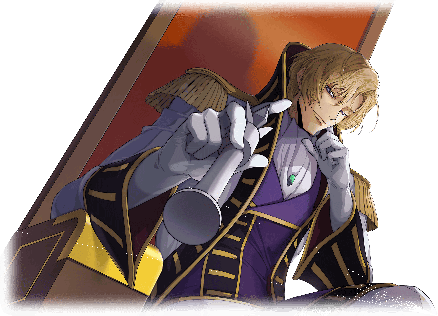 1boy artist_request ascot blonde_hair chair chess_piece closed_mouth coat code_geass code_geass:_lost_stories dutch_angle epaulettes game_cg gem gloves green_gemstone grey_eyes half-closed_eyes hand_on_own_face hands_up happy high_collar highres holding holding_chess_piece jacket king_(chess) long_sleeves looking_at_viewer male_focus non-web_source official_art on_chair open_clothes open_coat playing_games purple_jacket schneizel_el_britannia short_hair sidelocks simple_background sitting smile solo transparent_background upper_body white_ascot white_coat white_gloves