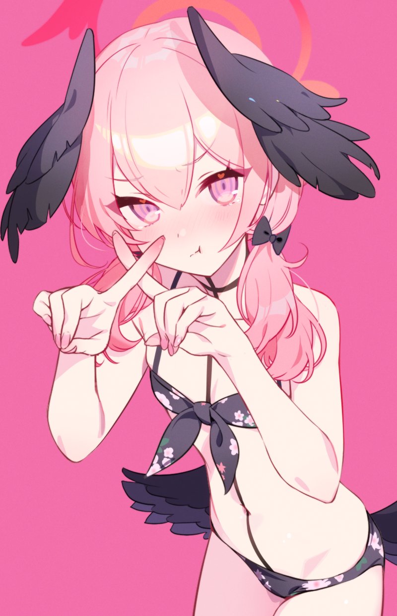 1girl :t bikini black_bikini black_bow blue_archive blush bow breasts closed_mouth commentary floral_print hair_between_eyes hair_bow halo head_wings highres koharu_(blue_archive) koharu_(swimsuit)_(blue_archive) long_hair looking_at_viewer low_wings pink_background pink_eyes pink_hair simple_background small_breasts solo swimsuit twintails wings x_fingers yuura