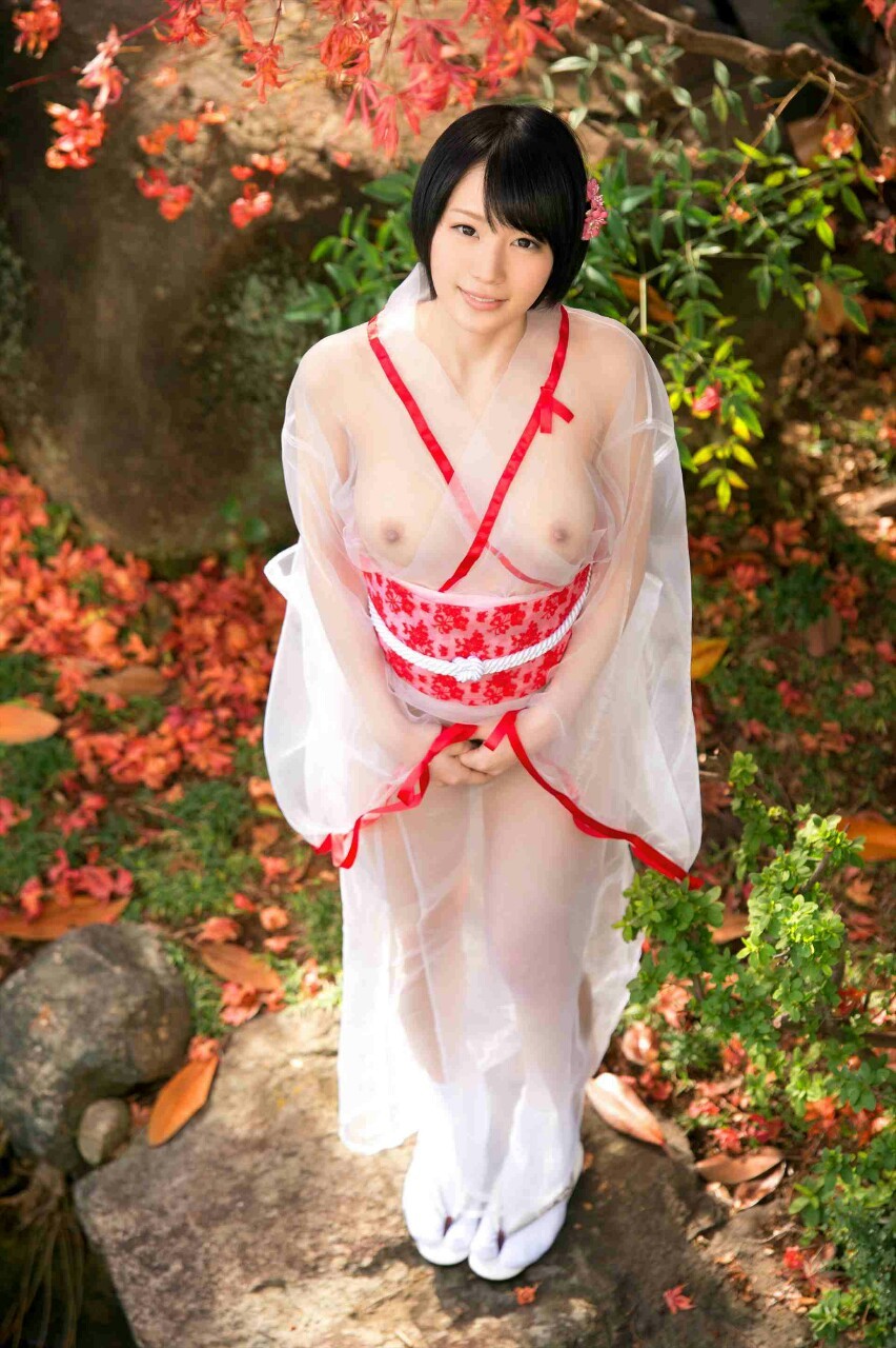 Japanese kimono nude suzumura airi, highres, photo (medium), 1girl, asian, black hair, breasts,  female focus, flower, from above, japanese (nationality), japanese clothes,  kimono, looking at viewer, nipples, nude, outdoors, see-through clothes,  short hair, solo -
