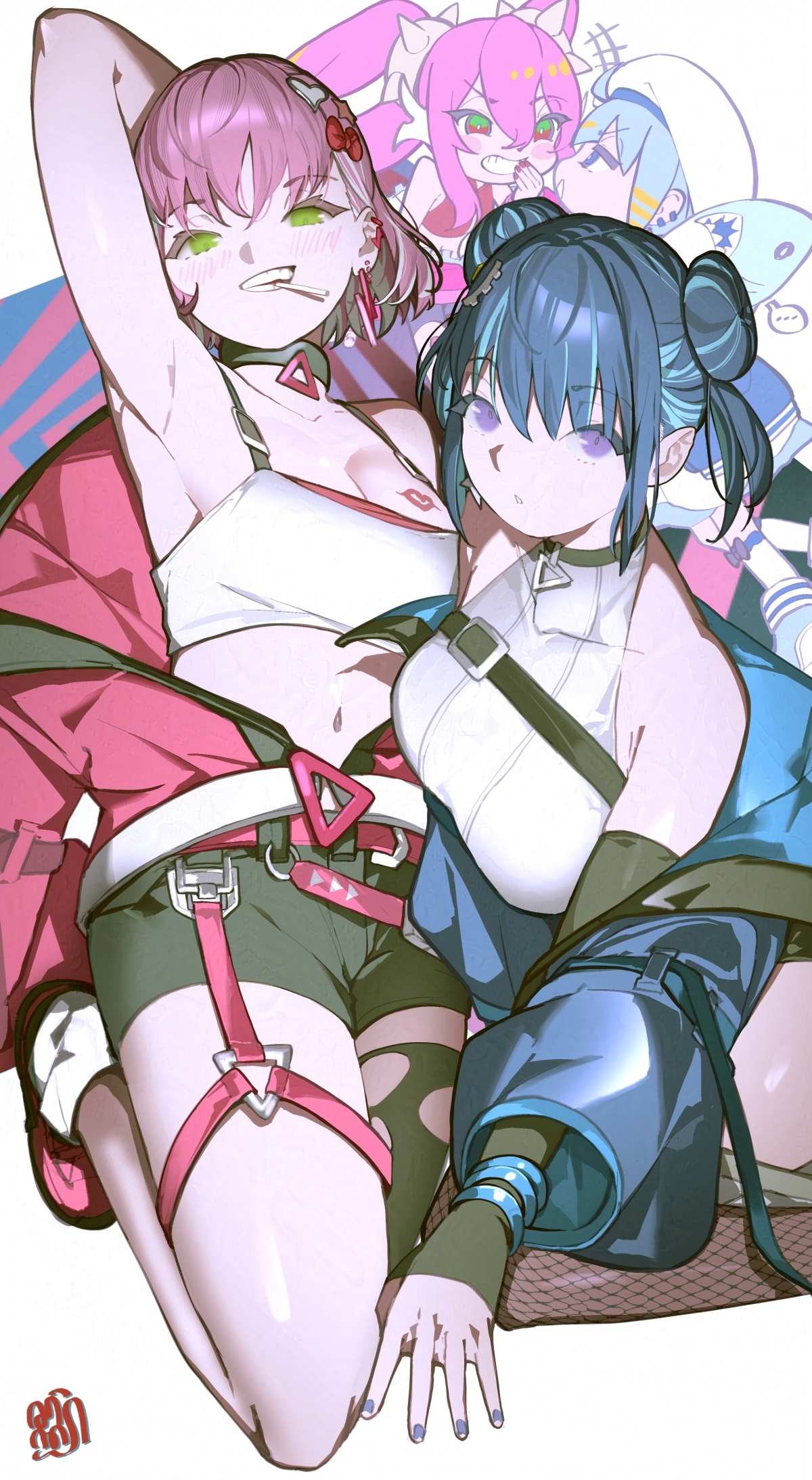 2girls arm_behind_head armpits bare_shoulders black_shorts blue_coat blue_hair breast_tattoo breasts candy cleavage coat double_bun duel_monster earrings evil_twin_ki-sikil evil_twin_lil-la food green_eyes hair_bun highres jacket jewelry ki-sikil_(yu-gi-oh!) large_breasts leotard lil-la_(yu-gi-oh!) lipstick_mark_tattoo live_twin_ki-sikil live_twin_lil-la lollipop long_hair multiple_girls official_alternate_costume pink_hair purple_eyes red_jacket sen-jou short_hair shorts smile strapless tattoo tube_top white_leotard white_tube_top yu-gi-oh!