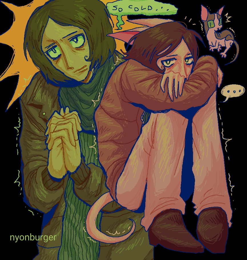 ... 1boy ^^^ animal_ears arms_on_knees bags_under_eyes black_background blank_stare bright_pupils brown_hair brown_jacket brown_shoes cat cat_ears cat_tail coat coat_guy_(no_i&#039;m_not_a_human) cold commentary ears_down english_commentary english_text full_body furrowed_brow green_scarf green_shirt hatching_(texture) hunched_over interlocked_fingers jacket jaggy_lines jitome kemonomimi_mode knees_up linear_hatching long_sleeves looking_at_viewer looking_up multiple_views no_i&#039;m_not_a_human notice_lines nyonburger open_clothes open_jacket own_hands_clasped own_hands_together pants parted_bangs parted_lips pink_pants ribbed_shirt scarf shirt shoes short_hair simple_background sitting speech_bubble sphynx_cat spoken_ellipsis tail trembling twitter_username upper_body white_pupils winter_clothes winter_coat