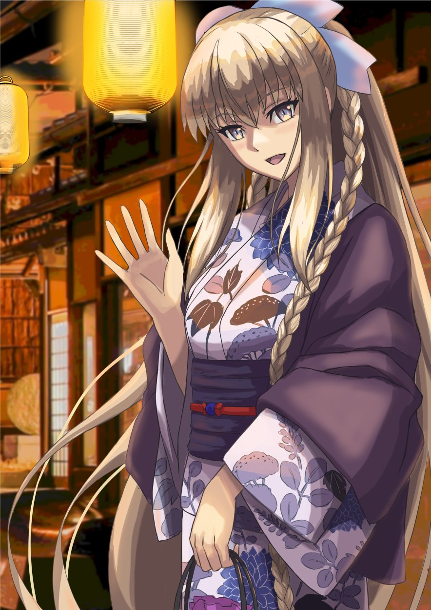 1girl black_kimono blue_bow blue_eyes bow braid fate/grand_order fate_(series) floral_print flower grey_hair grey_kimono hair_bow hair_flower hair_ornament highres japanese_clothes kimono ksfactory layered_clothes layered_kimono long_hair long_sleeves looking_at_viewer morgan_le_fay_(fate) morgan_le_fay_(fgo_fes._2023)_(fate) obi open_mouth ponytail sash sidelocks smile solo very_long_hair wide_sleeves