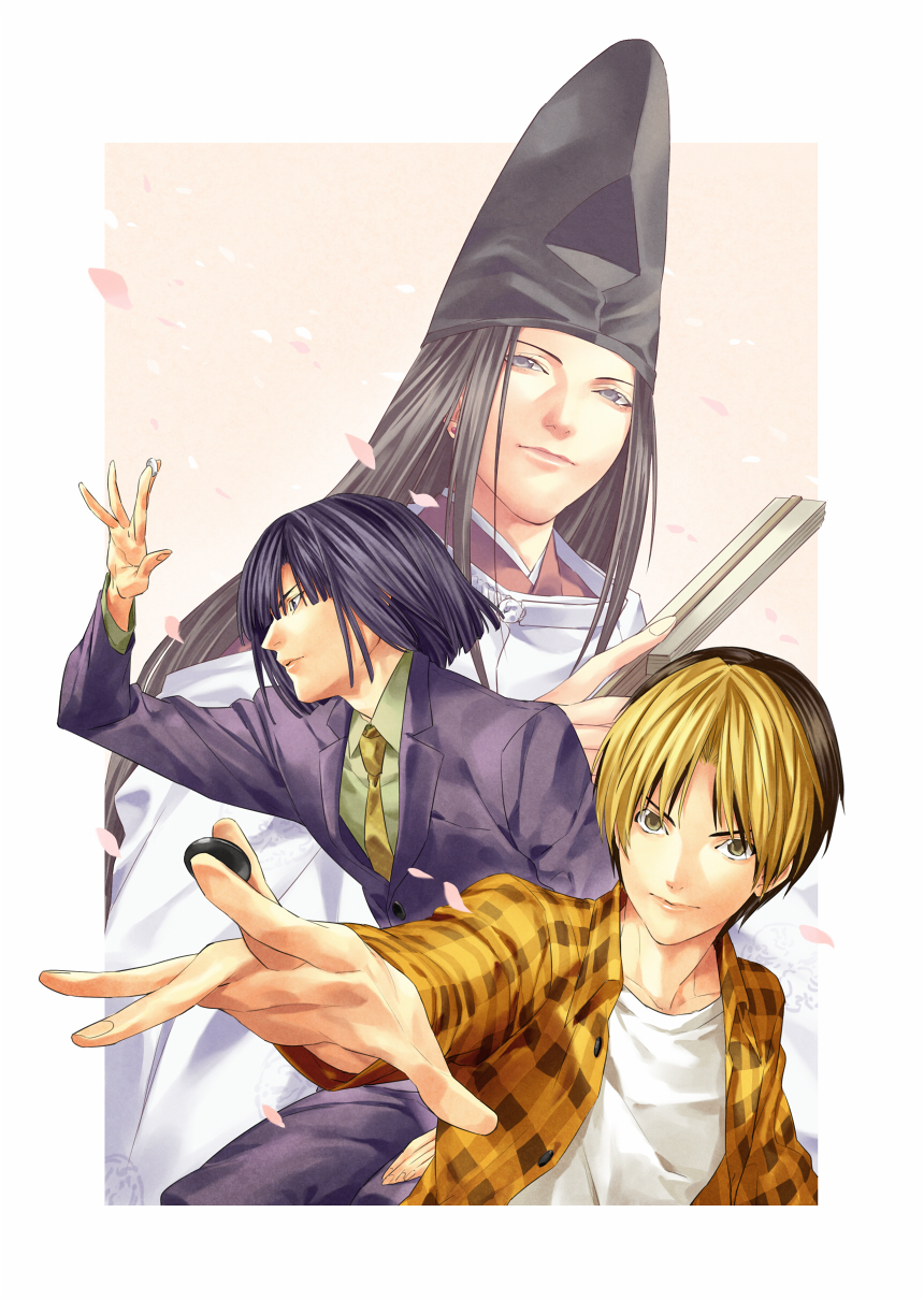 3boys bishounen black_hair blonde_hair board_game border checkered_clothes checkered_shirt closed_mouth collared_shirt colored_bangs folded_fan folding_fan fujiwara_no_sai go_(board_game) green_shirt hand_fan hat highres hikaru_no_go holding holding_fan jacket japanese_clothes kariginu long_hair looking_at_viewer male_focus multicolored_hair multiple_boys necktie official_style open_clothes open_shirt orange_background pants paper_fan parody pink_petals purple_jacket purple_pants shindou_hikaru shirt shirt_under_shirt simple_background style_parody talgi tate_eboshi touya_akira two-tone_background upper_body white_border yellow_necktie yellow_shirt