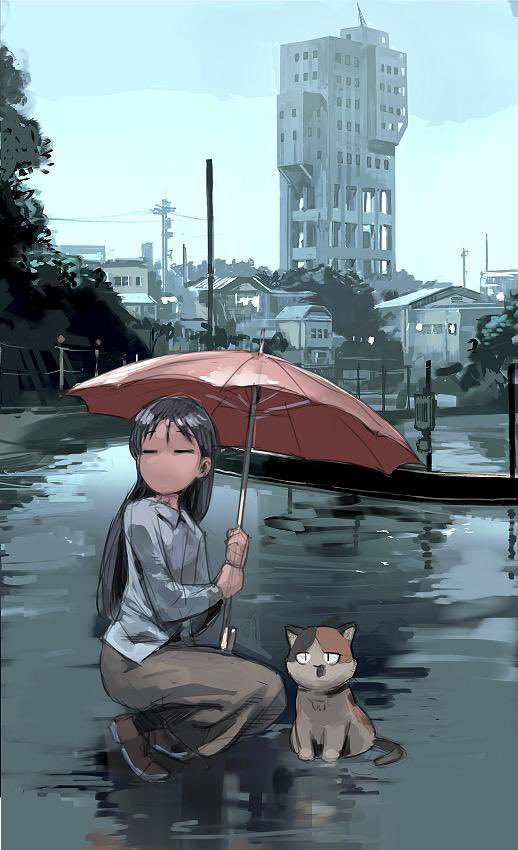 1girl 1other animal blue_hair building cat city cityscape closed_eyes holding holding_umbrella house junny kajiwara_sora kneeling long_hair long_skirt looking_afar mike_(sketchbook_full_colors) outdoors power_lines rain red_umbrella road shirt sketchbook_full_colors skirt street tree umbrella utility_pole