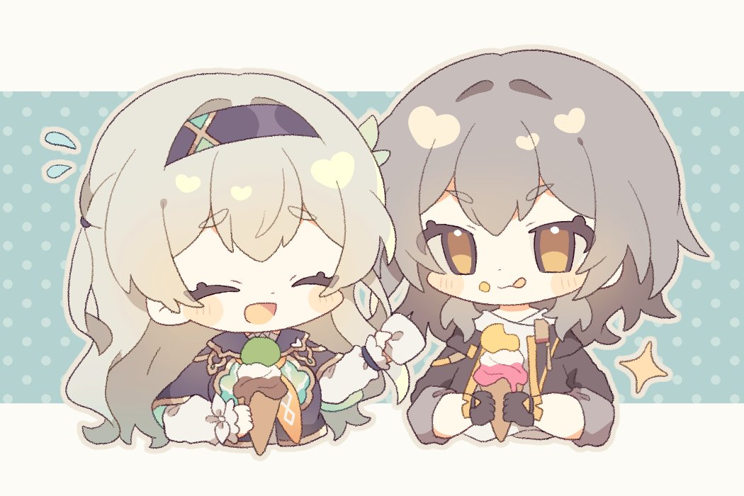 2girls :d black_hairband black_jacket blue_background blue_hair blush chibi closed_eyes cropped_torso firefly_(honkai:_star_rail) flying_sweatdrops food gradient_hair grey_hair hair_intakes hairband holding holding_food holding_ice_cream honkai:_star_rail honkai_(series) ice_cream jacket komano_shia letterboxed long_hair multicolored_hair multiple_girls neckerchief open_clothes open_jacket open_mouth orange_neckerchief polka_dot polka_dot_background sidelocks simple_background smile sparkle stelle_(honkai:_star_rail) trailblazer_(honkai:_star_rail) yellow_eyes