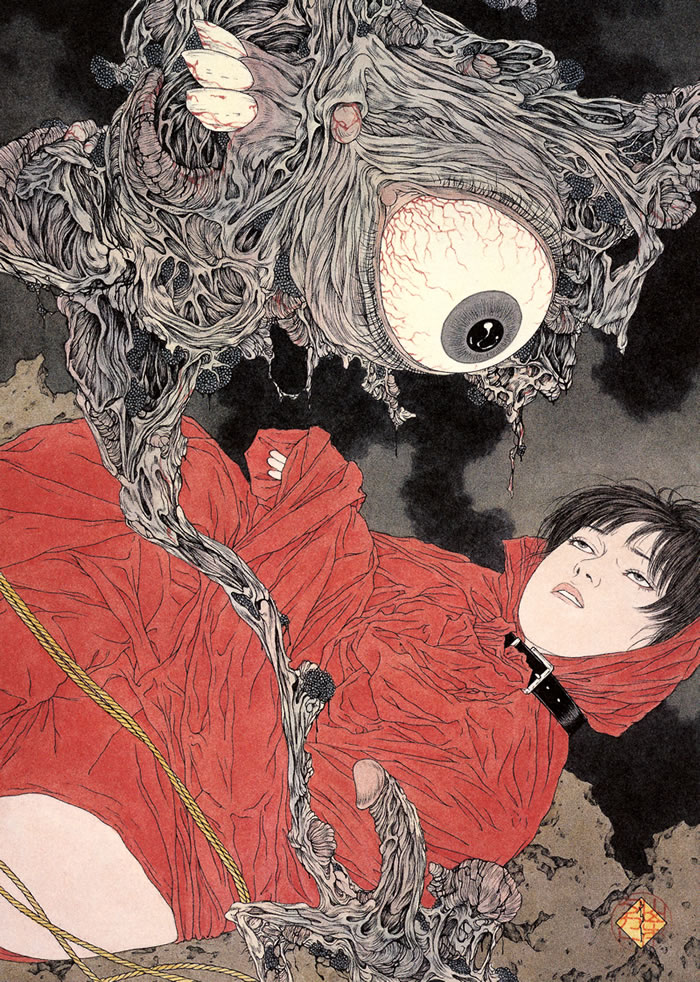 1boy collar creepy fine_art_parody looking_up male_focus monster nightmare nihonga original parody parted_lips penis print rope short_hair shunga teeth tentacles tentacles_on_male traditional traditional_media ukiyo-e yamamoto_takato