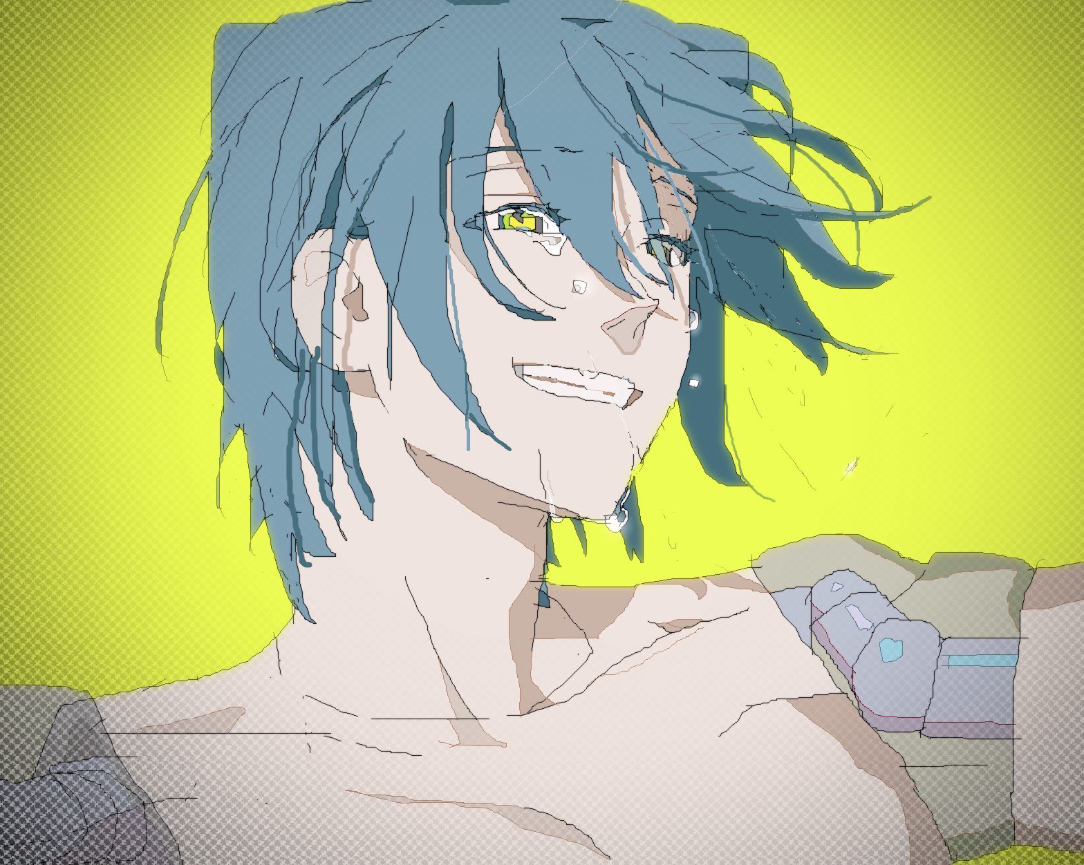 1boy android blue_hair crying crying_with_eyes_open floating_hair grin hair_between_eyes halftone halftone_background highres jaggy_lines joints male_focus microsoft_paint_(medium) original portrait robot_joints sad_smile see-through_body short_hair smile solo tears tkwkai yellow_background yellow_eyes