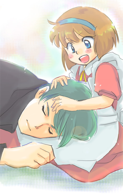 1990s_(style) blue_eyes blush_stickers bob_cut brown_hair closed_eyes fushigi_no_umi_no_nadia green_hair hairband kakegawa_minato lap_pillow marie_en_carlsberg open_mouth retro_artstyle sanson_(nadia) short_hair sleeping smile
