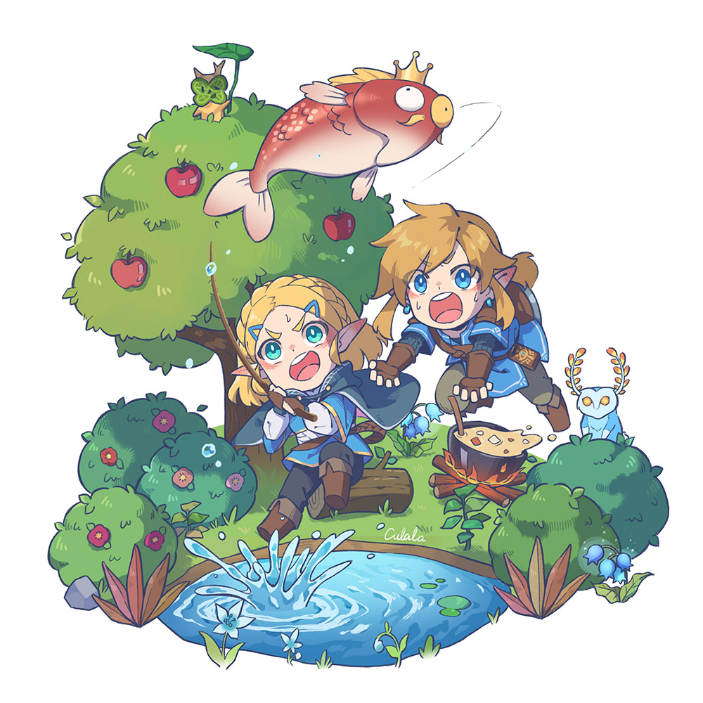 1boy 1girl apple apple_tree artist_name black_pants blonde_hair blue_cloak blue_eyes blue_flower blue_nightshade blue_shirt blue_tunic blupee blush boots braid brown_footwear brown_gloves bush campfire chibi cloak cooking_pot creature crown_braid earrings fingerless_gloves fire fish fishing fishing_rod flower food fruit gen_1_pokemon gloves grass green_pants hair_ornament hairclip holding holding_fishing_rod hood hood_down hooded_cloak jewelry korok lily_pad link log magikarp medium_hair nintendo open_mouth pants parted_bangs plant pointy_ears pokemon pokemon_(creature) pond ponytail princess_zelda red_flower rock shirt sidelocks signature silent_princess simple_background soup spilling sweatdrop teeth the_legend_of_zelda the_legend_of_zelda:_breath_of_the_wild the_legend_of_zelda:_tears_of_the_kingdom tree tunic upper_teeth_only v-shaped_eyebrows water white_background zoe_(killyou80)
