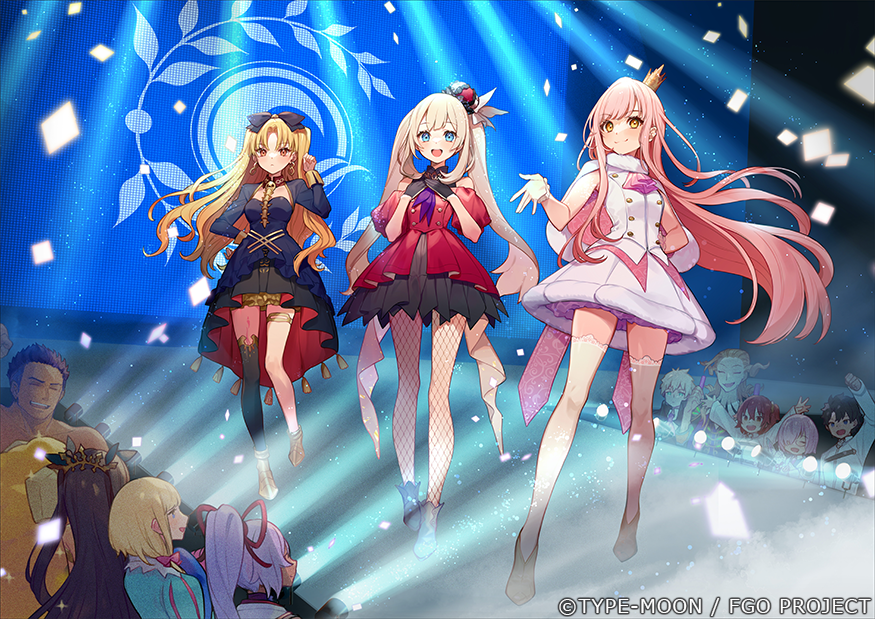 5boys 6+girls :d arms_up black_dress black_gloves blonde_hair blue_eyes catwalk_(modeling) character_request charles-henri_sanson_(fate) cheering chevalier_d&#039;eon_(fate) company_name confetti crown dark-skinned_male dark_skin dress dumuzid_(fate) ereshkigal_(fate) fate/grand_order fate_(series) fergus_mac_roich_(fate) fishnets fujimaru_ritsuka_(female) fujimaru_ritsuka_(male) gloves hand_up indoors ishtar_(fate) marie_antoinette_(fate) mash_kyrielight medb_(fate) mini_crown multiple_boys multiple_girls open_mouth pink_hair puffy_short_sleeves puffy_sleeves purple_hair red_dress short_sleeves smile standing tomoe_gozen_(fate) twintails watermark white_dress wolfgang_amadeus_mozart_(fate) yellow_eyes yuu_(higashi_no_penguin)