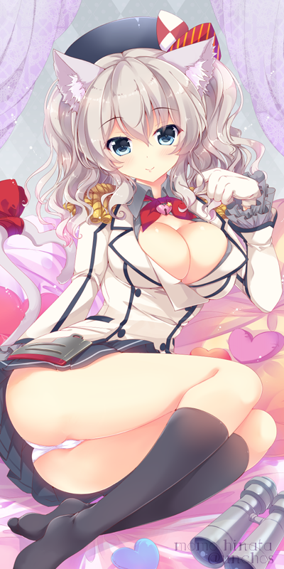 10s 1girl :&gt; animal_ears argyle_background argyle_clothes arm_at_side artist_name ass beret binoculars black_socks blue_eyes blush breasts buttons cameltoe cat_ears cleavage closed_mouth curtains double-breasted epaulettes eyebrows female_focus frilled_sleeves frills gloves grey_hair hair_between_eyes hat heart heart-shaped_lock heart-shaped_pillow heart_lock heart_lock_(kantai_collection) heart_tail hinata_momo jacket jewelry kantai_collection kashima_(kancolle) kemonomimi_mode kerchief kneehighs large_breasts lock long_hair long_sleeves looking_at_viewer military military_uniform miniskirt no_shoes on_bed open_clothes open_shirt padlock panties pantyshot paw_pose pendant pillow pleated_skirt shirt sidelocks sitting skirt smile socks solo striped tail twintails underwear upskirt wavy_hair white_gloves white_panties
