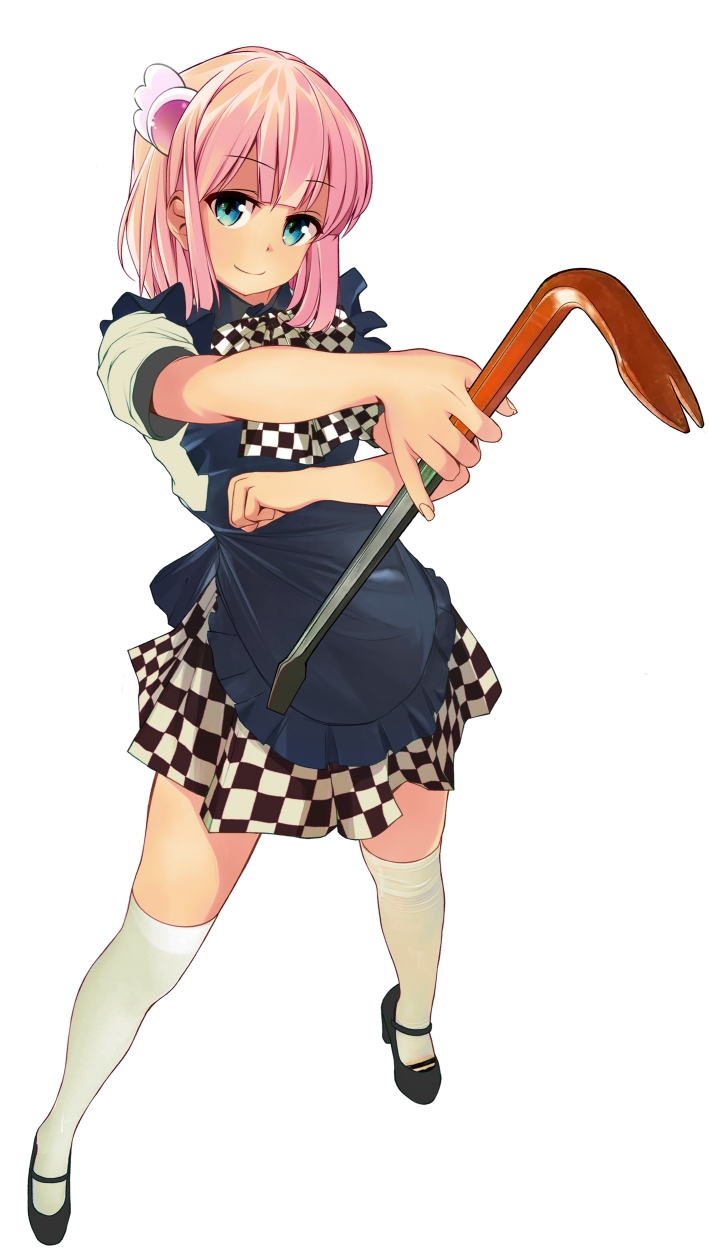 1girl apron aqua_eyes black_apron black_shoes blunt_bangs bob_cut checkered_clothes checkered_skirt chiyoda_momo chuutaro_metal clenched_hand closed_mouth commentary cosplay crowbar foreshortening frilled_apron frills full_body haiyore!_nyaruko-san henshin_pose highres holding holding_crowbar looking_at_viewer machikado_mazoku mary_janes medium_hair nyarlathotep_(nyaruko-san) nyarlathotep_(nyaruko-san)_(cosplay) outstretched_arm pink_hair pinky_out pleated_skirt shoes short_sleeves simple_background skirt smile solo standing straight_hair thighhighs white_background white_thighhighs zettai_ryouiki