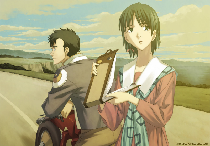 1boy 1girl black_hair cloud gainaxtop honneamise_no_tsubasa motor_vehicle motorcycle riquinni_nonderaiko road shirotsugh_lhadatt vehicle