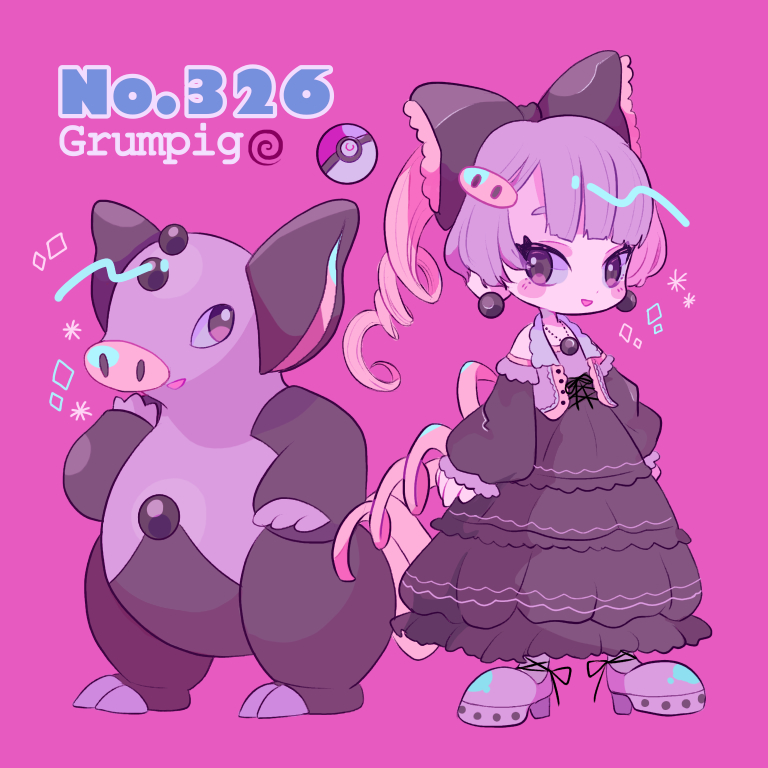 1girl black_bow black_dress blunt_bangs bow character_name creature_and_personification detached_sleeves dress earrings full_body gen_3_pokemon grumpig jewelry light_purple_hair long_sleeves magenta_background moemon narumame necklace nintendo open_mouth personification pink_background poke_ball poke_ball_(basic) pokedex_number pokemon pokemon_(creature) shoes simple_background smile