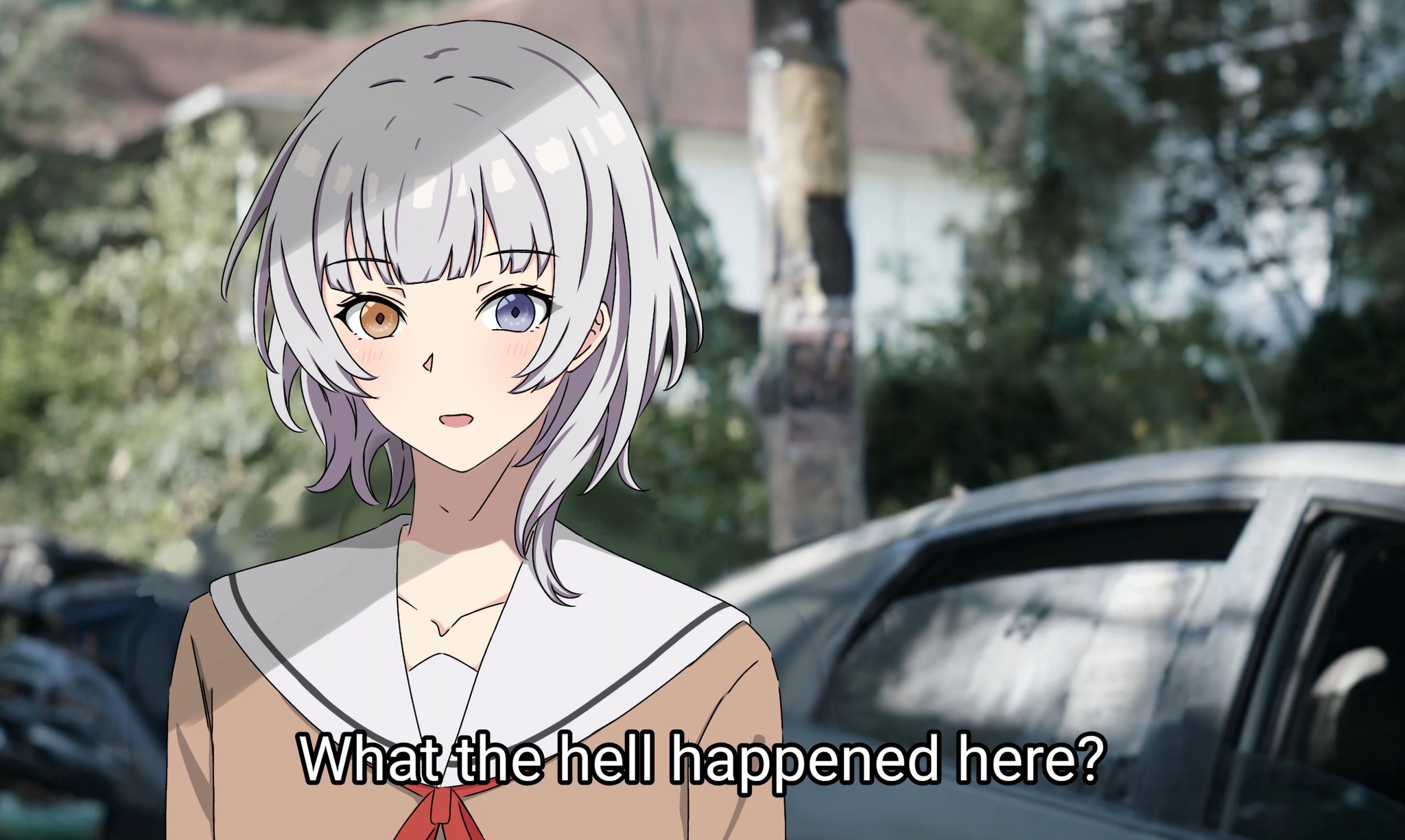 1girl a_whydc bang_dream! bang_dream!_it's_mygo!!!!! blue_eyes blush brown_shirt commentary hanasakigawa_school_uniform hashtag-only_commentary heterochromia highres kaname_raana neck_ribbon open_mouth photo_background red_ribbon ribbon sailor_collar school_uniform serafuku shirt short_hair solo white_hair white_sailor_collar yellow_eyes