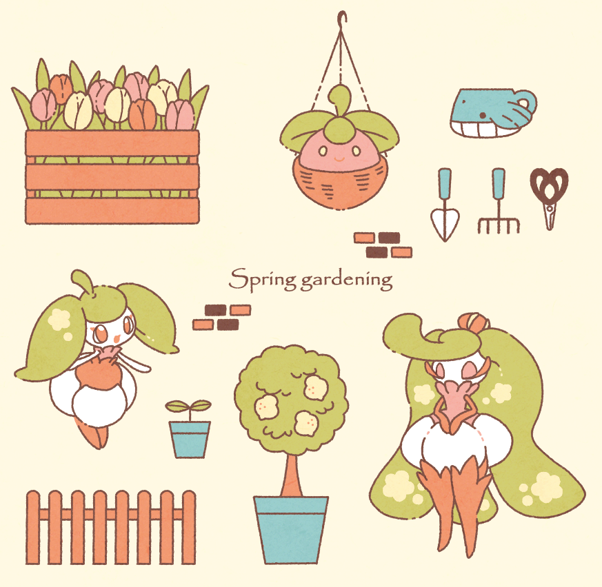 berry_(pokemon) bounsweet bright_pupils english_text evolutionary_line flower full_body game_freak gen_3_pokemon gen_7_pokemon hanging_plant nintendo no_feet no_humans orange_eyes pink_flower pink_tulip plant pokemon pokemon_(creature) potted_plant rake red_flower red_tulip satsumapotato scissors shovel simple_background sitrus_berry smile steenee tsareena tulip wailmer white_pupils yellow_flower yellow_tulip